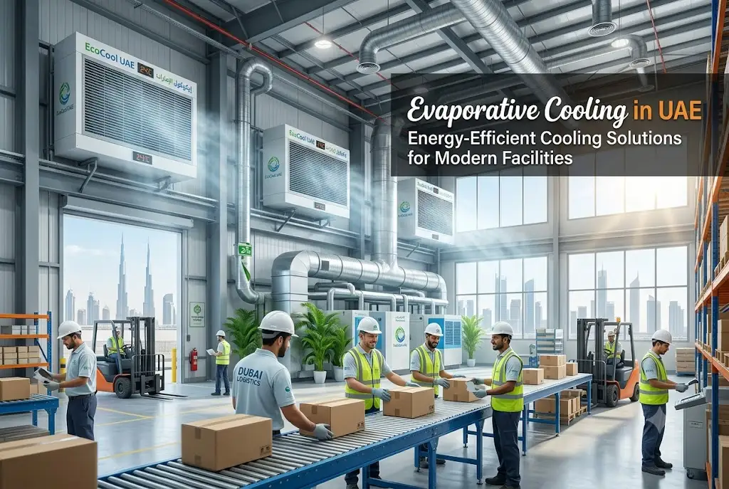 Evaporative cooling system operating inside a modern industrial facility in the UAE