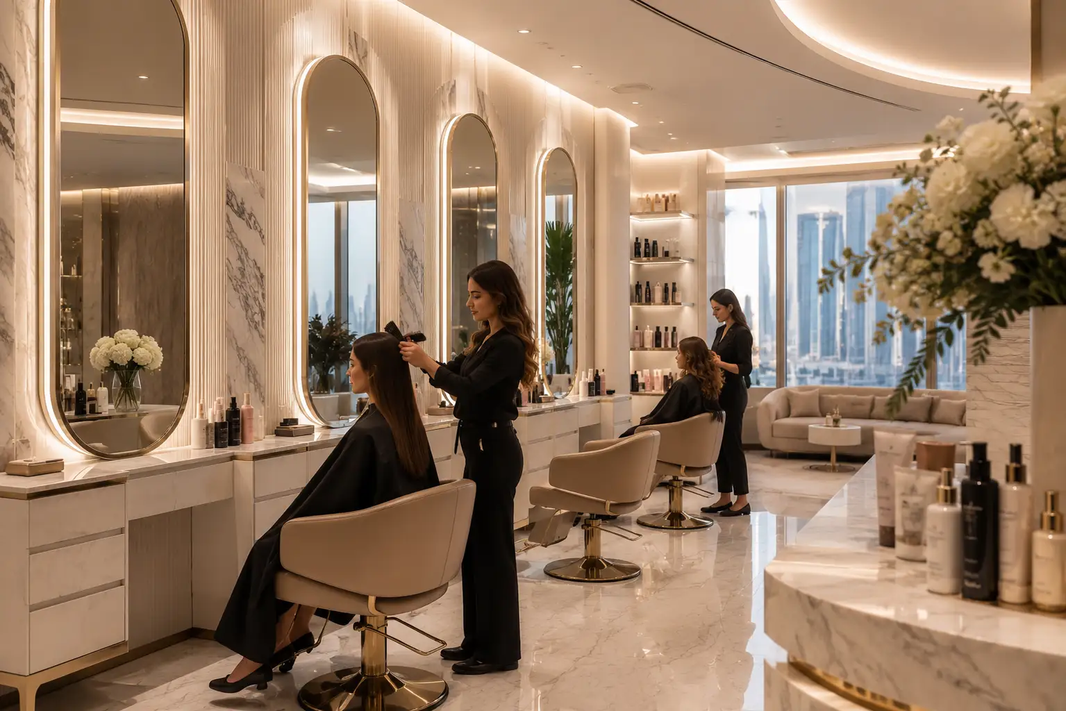 Luxury hair salon interior with professional styling stations in Dubai