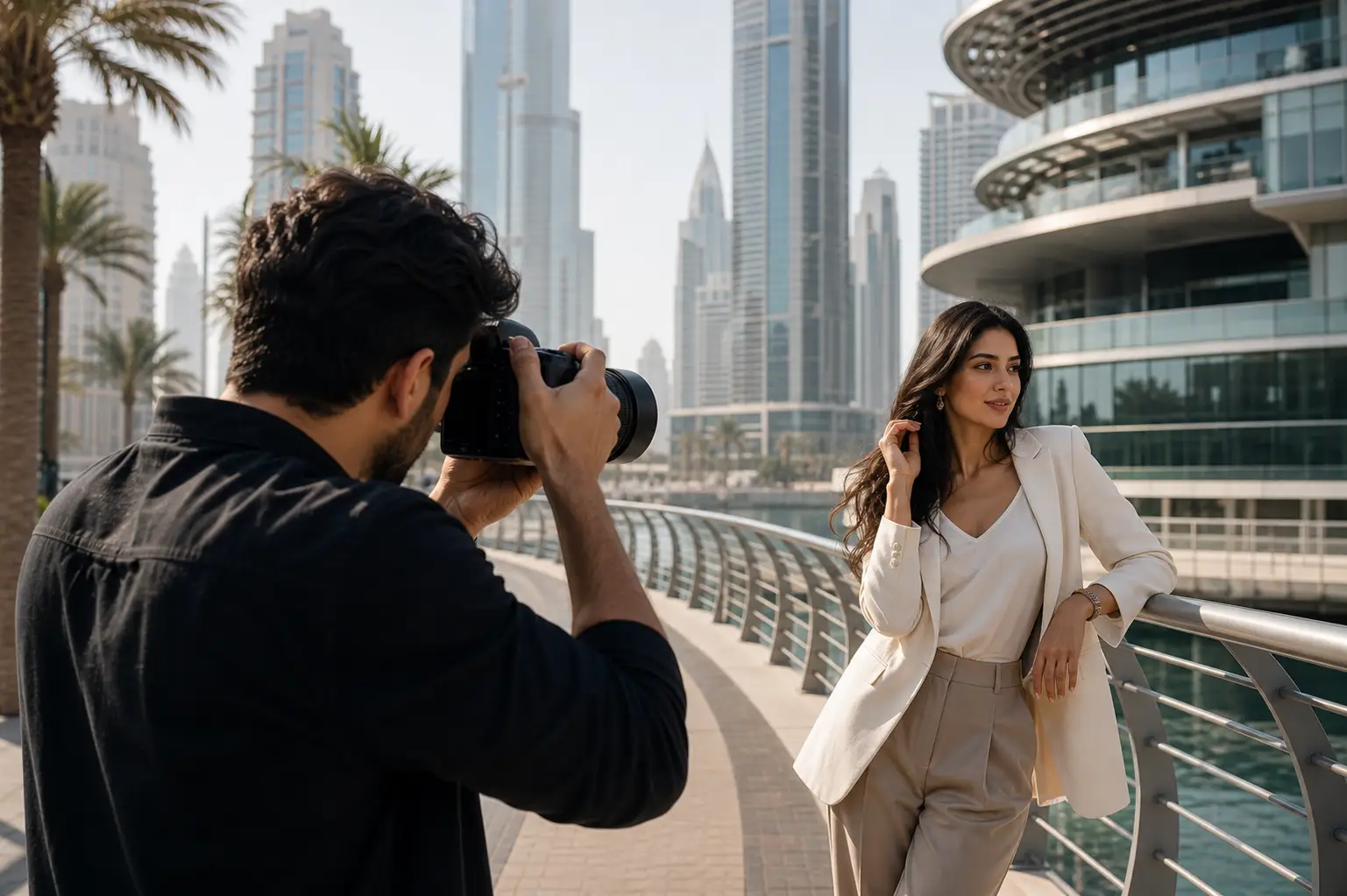 Professional photographer in UAE capturing client photos in outdoor urban setting