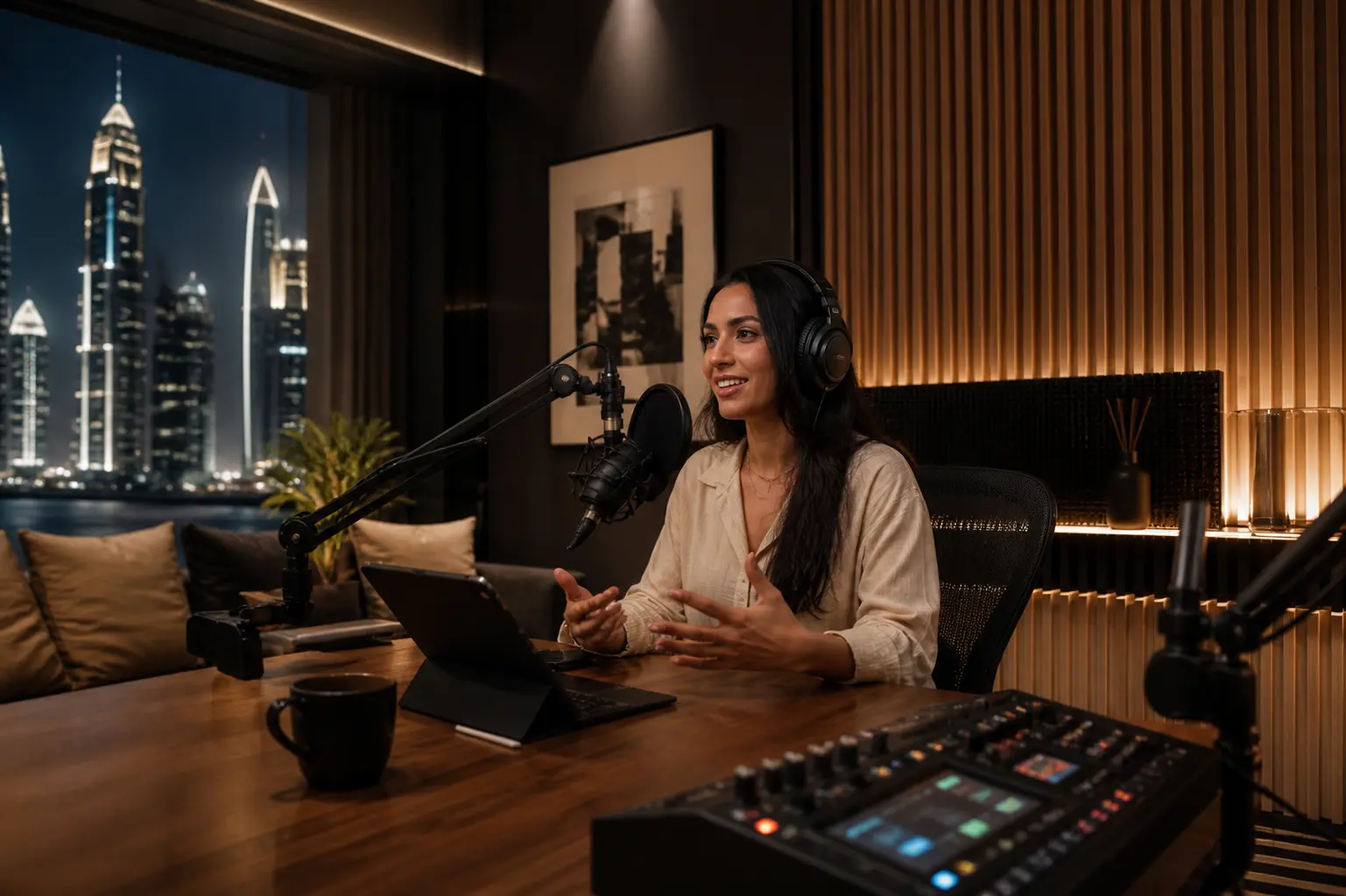 Professional podcast recording studio setup in UAE with microphones and sound equipment