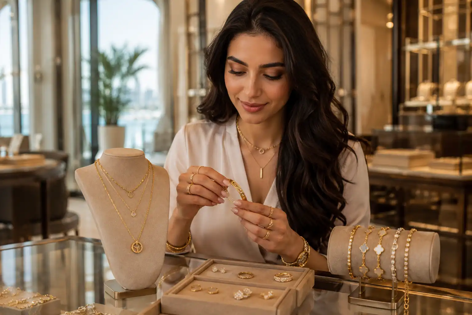 Elegant women’s jewelry collection displayed in a luxury Dubai jewelry store