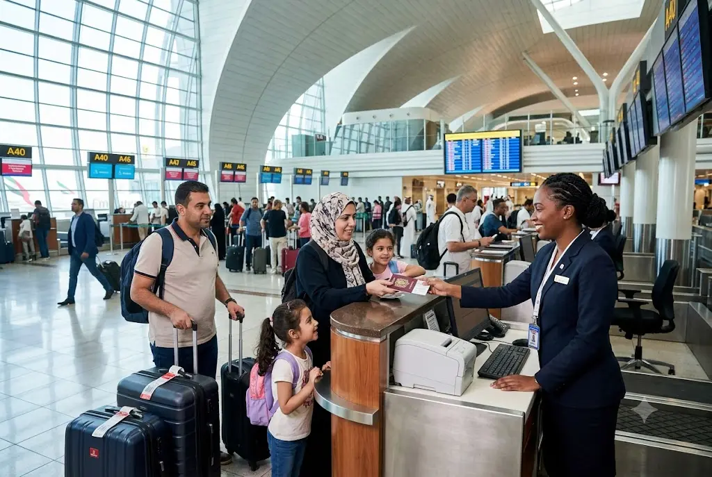 Airport passenger service agent jobs in the UAE with a professional airline customer service representative assisting travelers