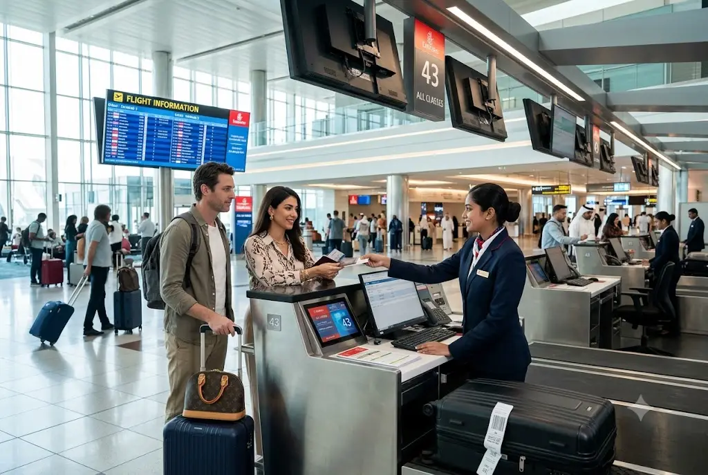 Professional airport service agent job description illustrated by an airline customer service representative assisting passengers at a UAE airport