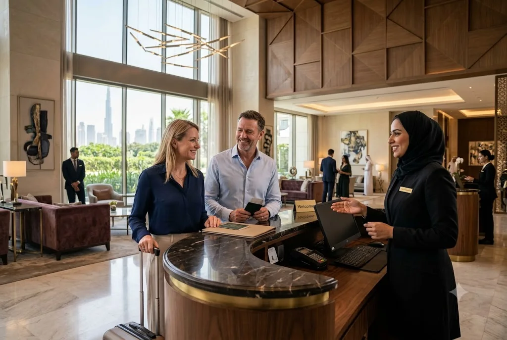 Professional guest service agent job description illustrated by a hotel receptionist assisting guests in the UAE