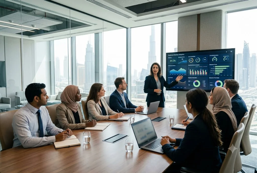Head of customer service job description demonstrated by a customer service manager leading a professional team in the UAE