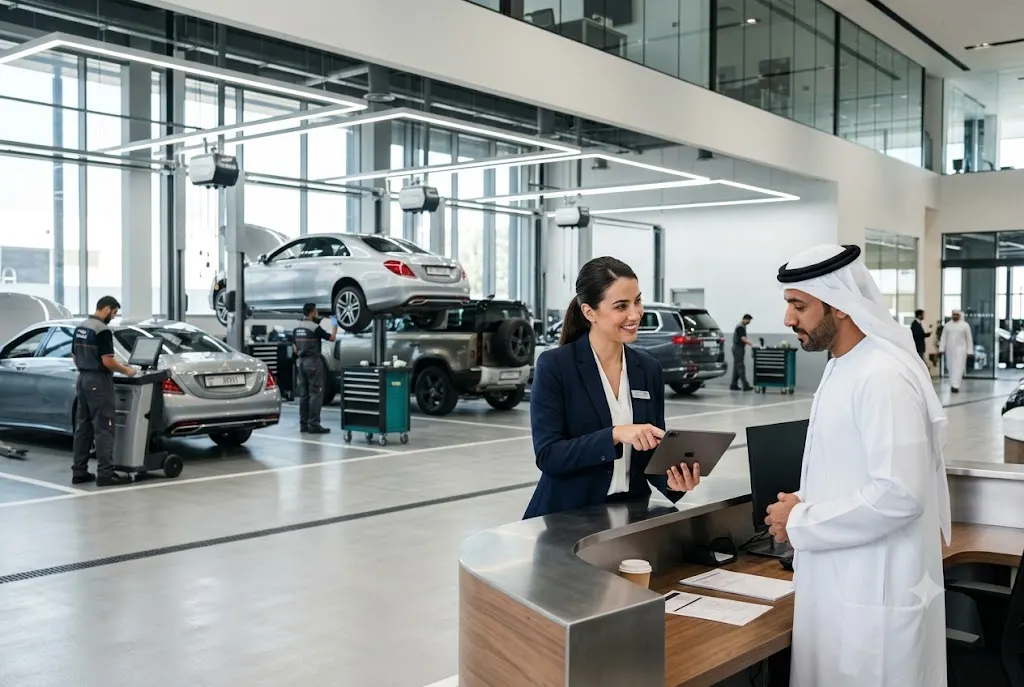 Service advisor job description illustrated by a professional automotive service advisor assisting a customer