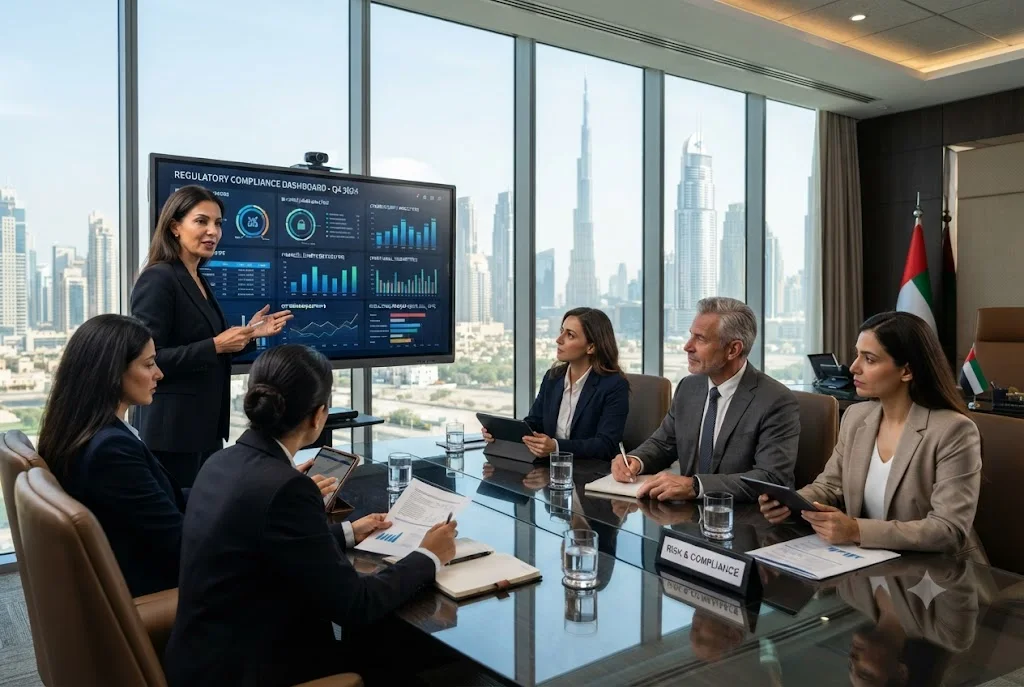 Corporate executives reviewing regulatory compliance reports and business risk analysis in a modern Dubai boardroom.