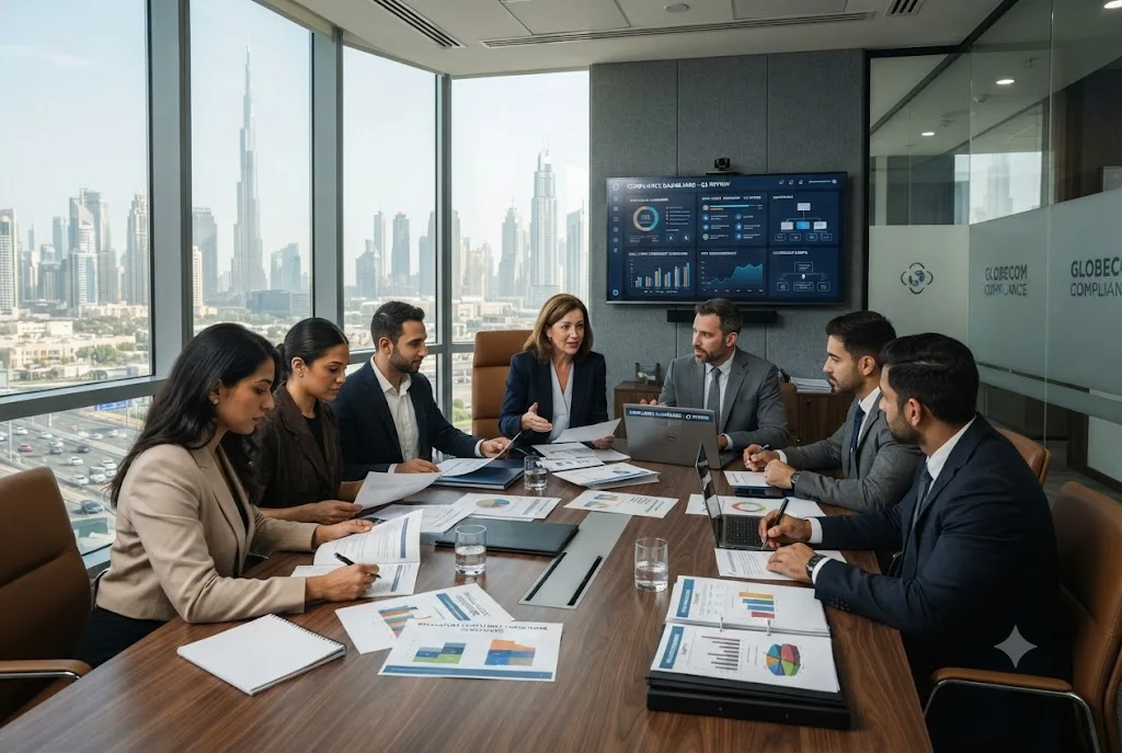 Business executives discussing regulatory compliance and corporate governance during a professional meeting in a modern Dubai office.