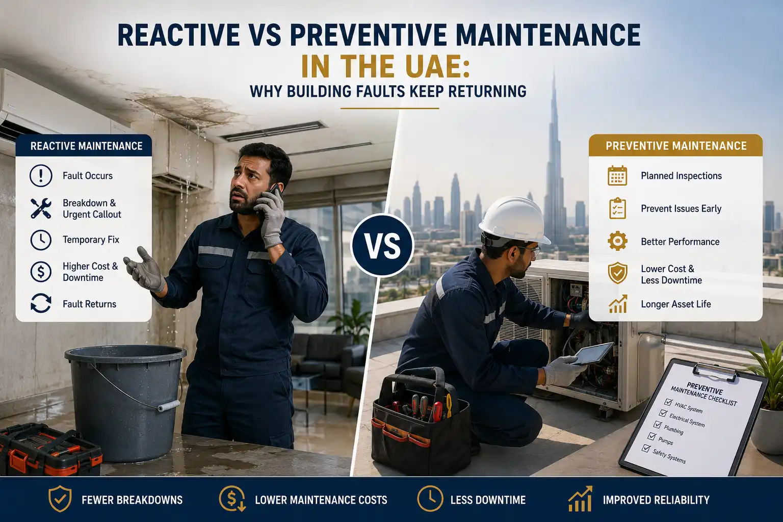 Facility manager comparing reactive and preventive maintenance records in a UAE commercial building